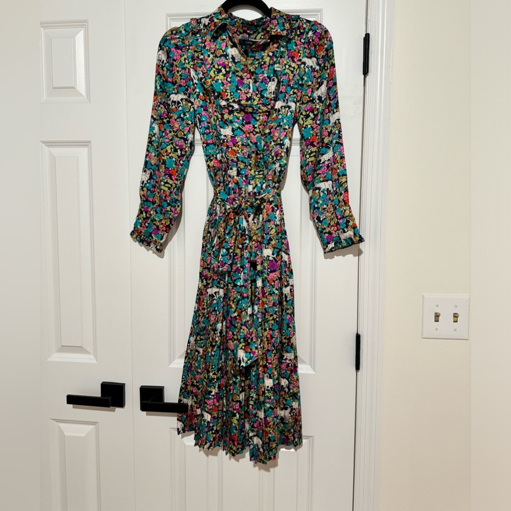 J.Crew patterned midi dress with ruffle bib detail